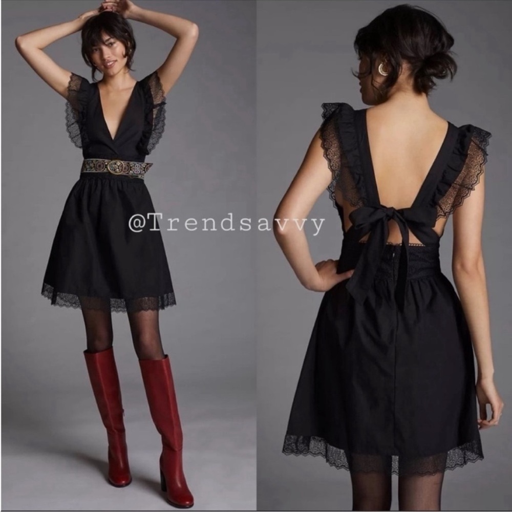 Anthropologie Magali Pascal Black Lace V-Neck Mini Dress Open Back Medium NWT